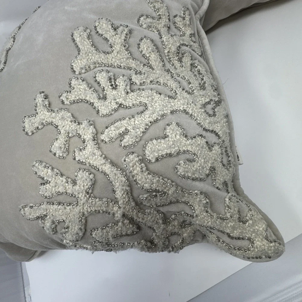 2 Pier 1 Coral Reef Beaded Throw Pillows gray ivory beach coastal nautical ocean